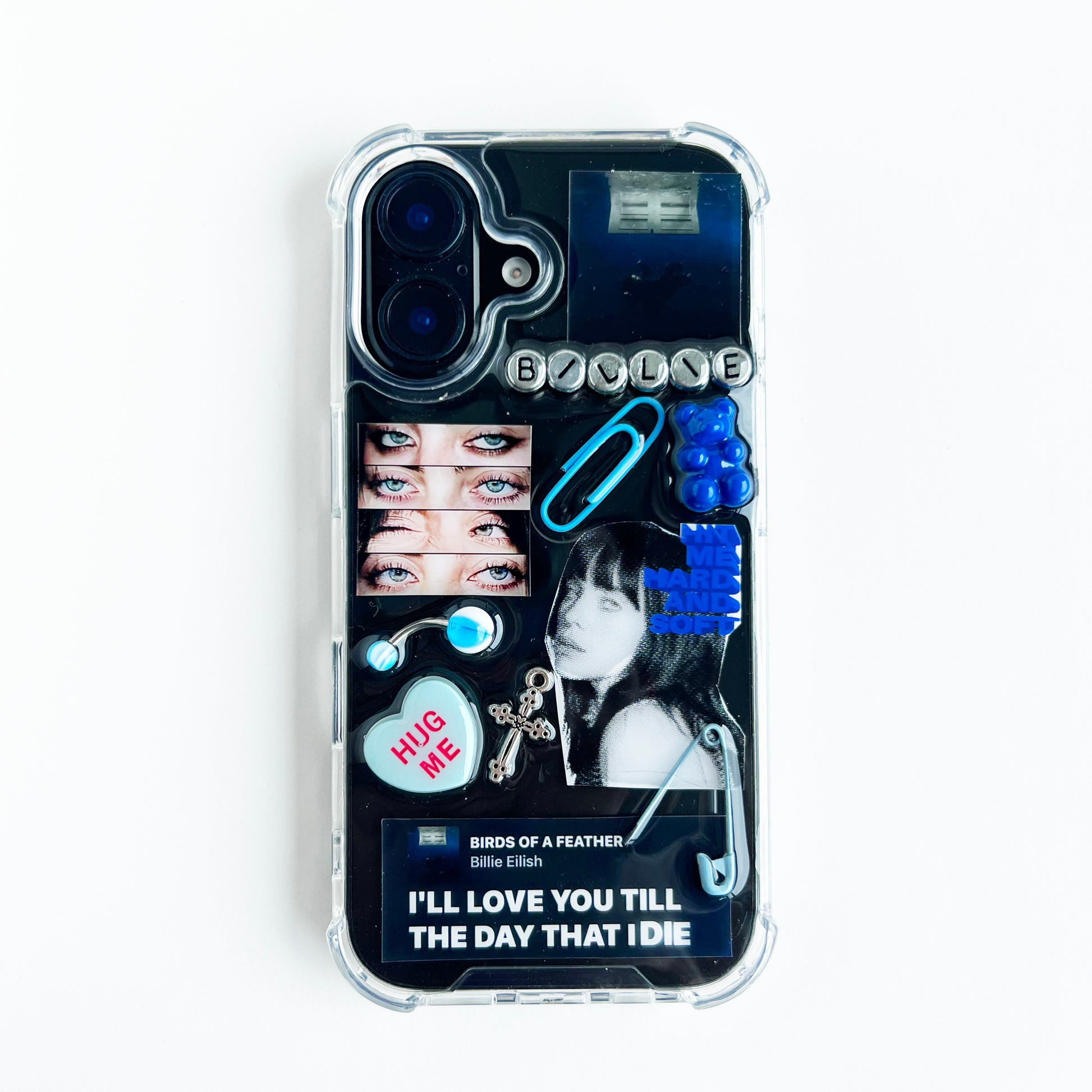Billish eilish custom collage resin phone case featuring a collage design inspired by Billie Eish's 'Birds of a Feather' song, with, a blue paperclip, a blue heart, and text reading 'I'LL LOVE YOU TILL THE DAY THAT IDIE'.