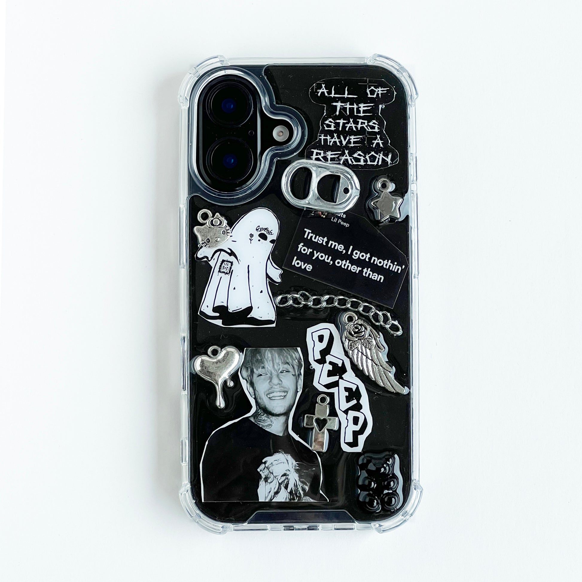 Handmade custom Lil Peep collage phone case featuring emo goth stickers, an iconic portrait, a white ghost, metal chains, a cross charm, soda tab, and the lyrics 'Trust me, I got nothin' for you, other than love' on a white background.