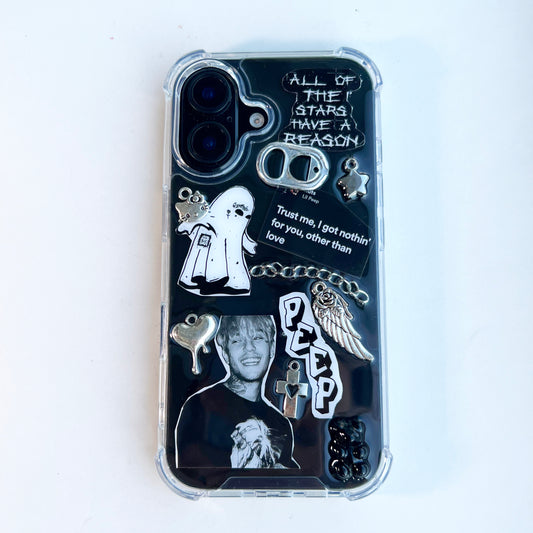 Handmade custom Lil Peep collage phone case featuring emo goth stickers, an iconic portrait, a white ghost, metal chains, a cross charm, soda tab, and the lyrics 'Trust me, I got nothin' for you, other than love' on a white background.