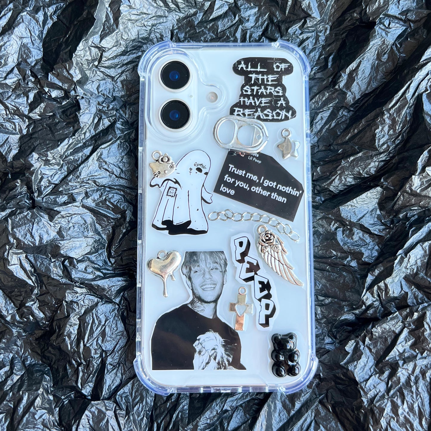 Full perspective view of the handmade Y2K emo rap Lil Peep collage phone case, showcasing the complete aesthetics of the alternative rock-inspired custom design