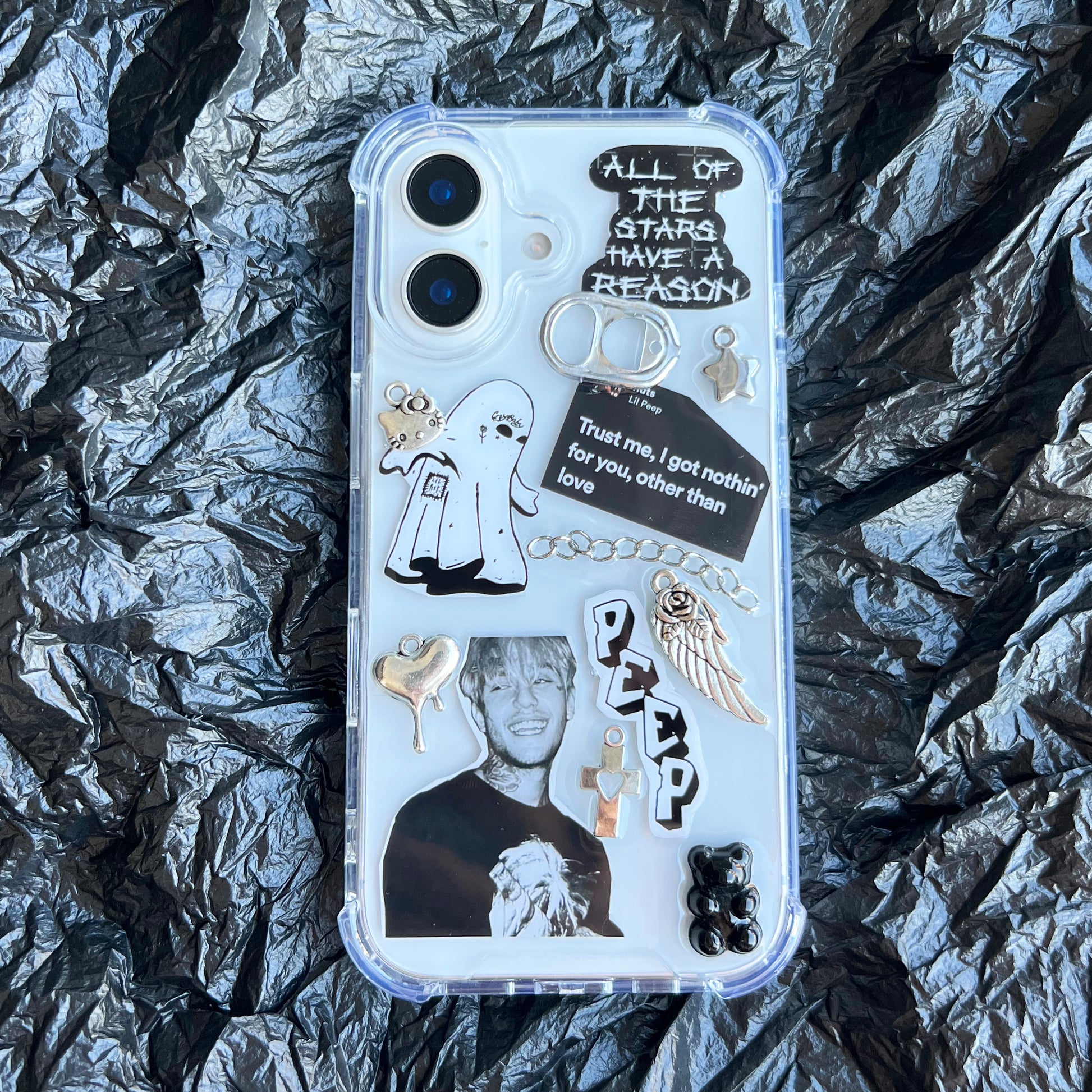 Full perspective view of the handmade Y2K emo rap Lil Peep collage phone case, showcasing the complete aesthetics of the alternative rock-inspired custom design