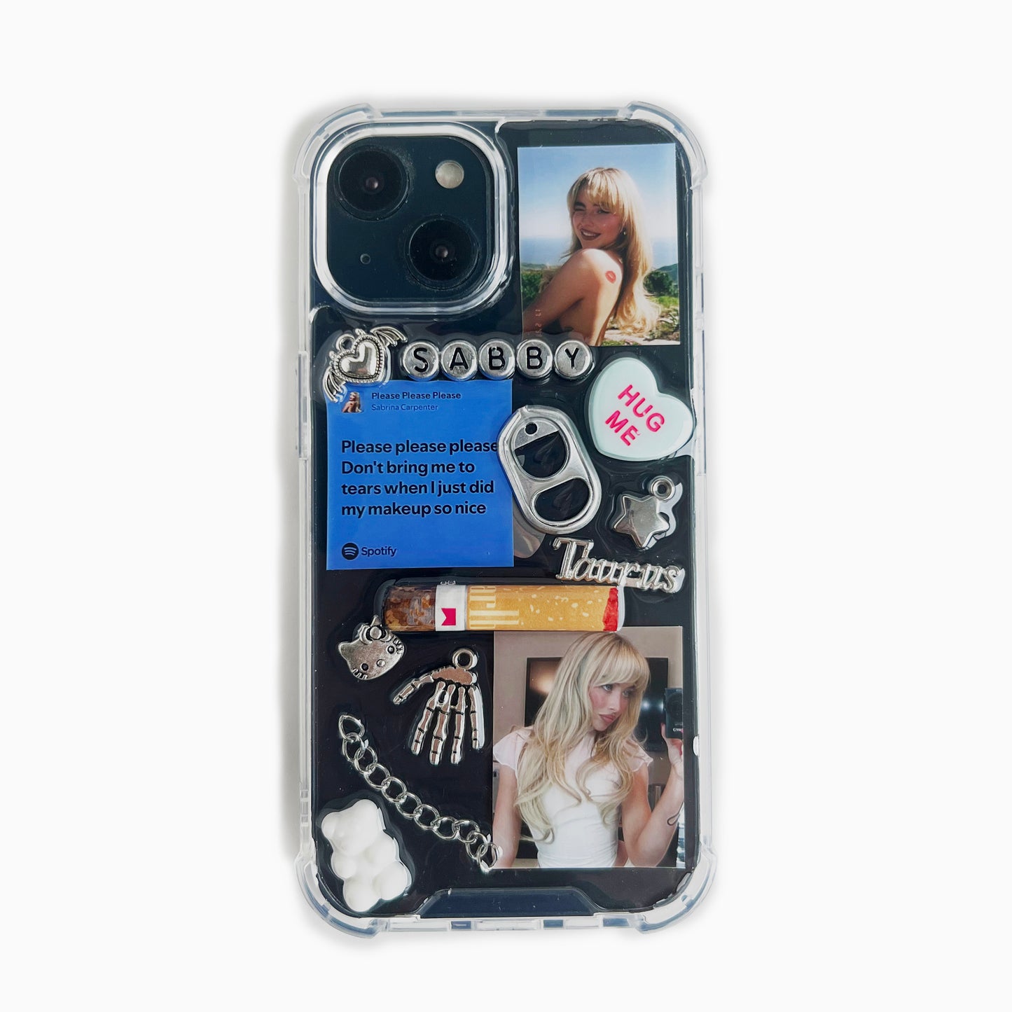 Sabrina Carpenter custom phone case featuring a collage of photos, "Please please please" lyrics, stickers, and text elements, including 'SABBY', 'HUG ME', and a blue text bubble, shown on a light gray background.