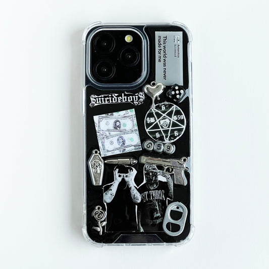 custom suicideboys $uicideboy$ Phone case decorated with Suicideboys band merchandise graphics, including a black-and-white graphic print, a pentagram, a skull, a revolver, a dollar bill, dice, and gothic text, shown on a plain white background.