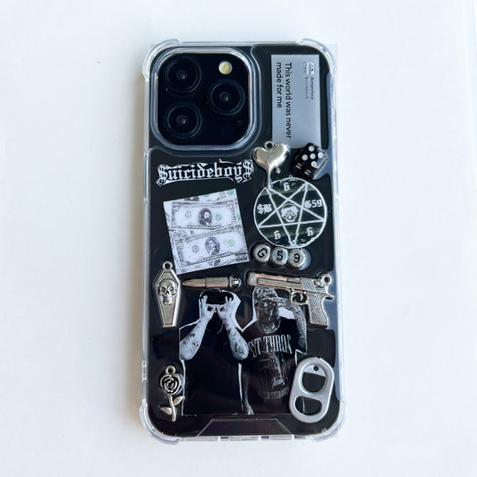 custom suicideboys $uicideboy$ Phone case decorated with Suicideboys band merchandise graphics, including a black-and-white graphic print, a pentagram, a skull, a revolver, a dollar bill, dice, and gothic text, shown on a plain white background.